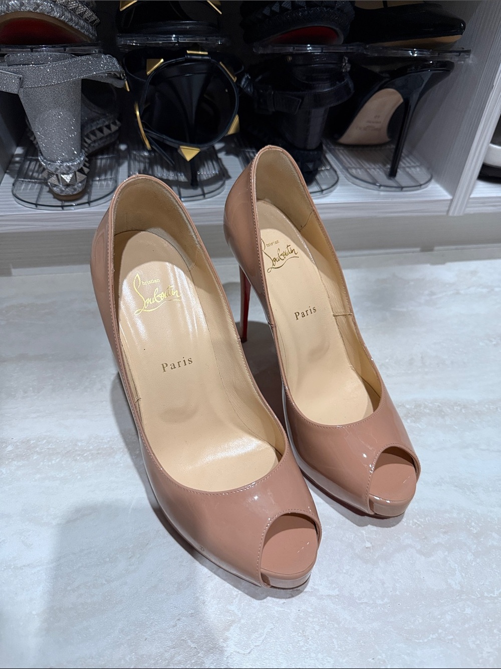 Christian Louboutin Blush Patent Peep-Toe Pumps with Red Sole